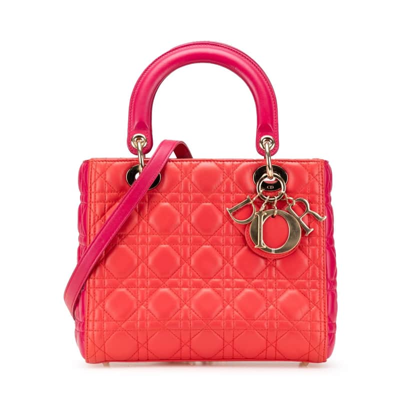 Dior Medium Bicolor Lambskin Cannage Lady Dior Red Leather Good condition - Front View