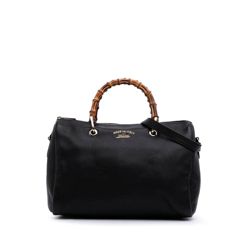 Gucci Medium Calfskin Bamboo Shopper Boston Bag Black Leather Good condition - Front View
