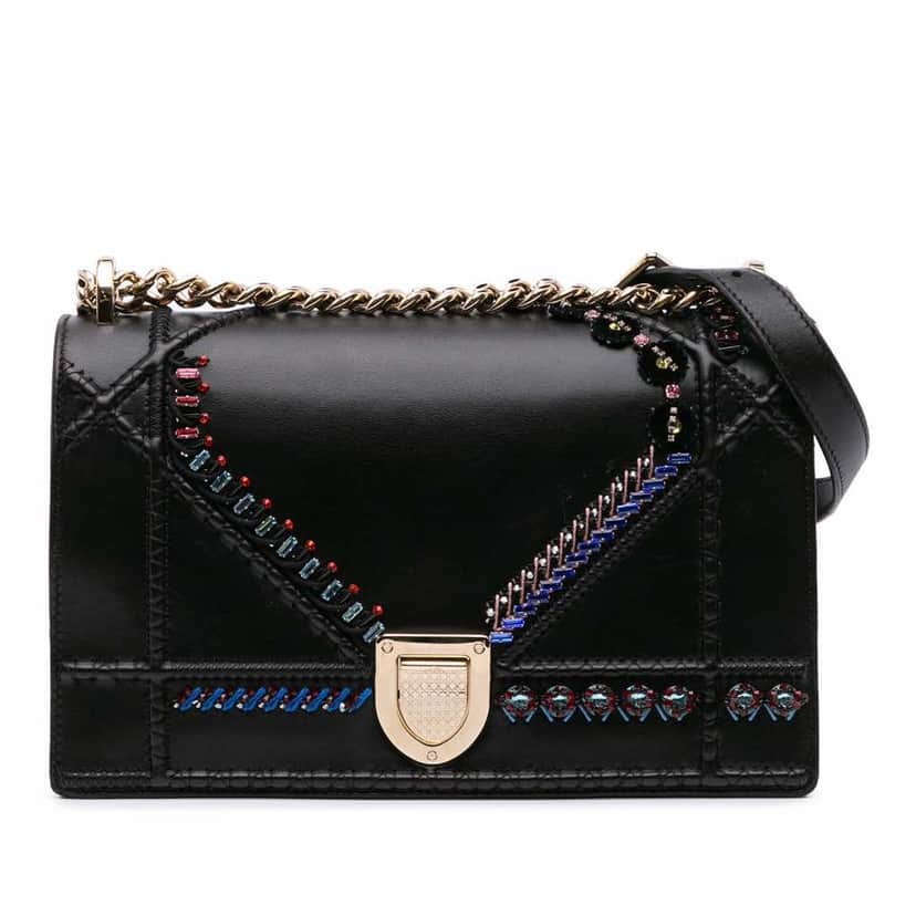 Dior Medium Calfskin Crystal Embroidered Diorama Flap Black Leather Good condition - Front View