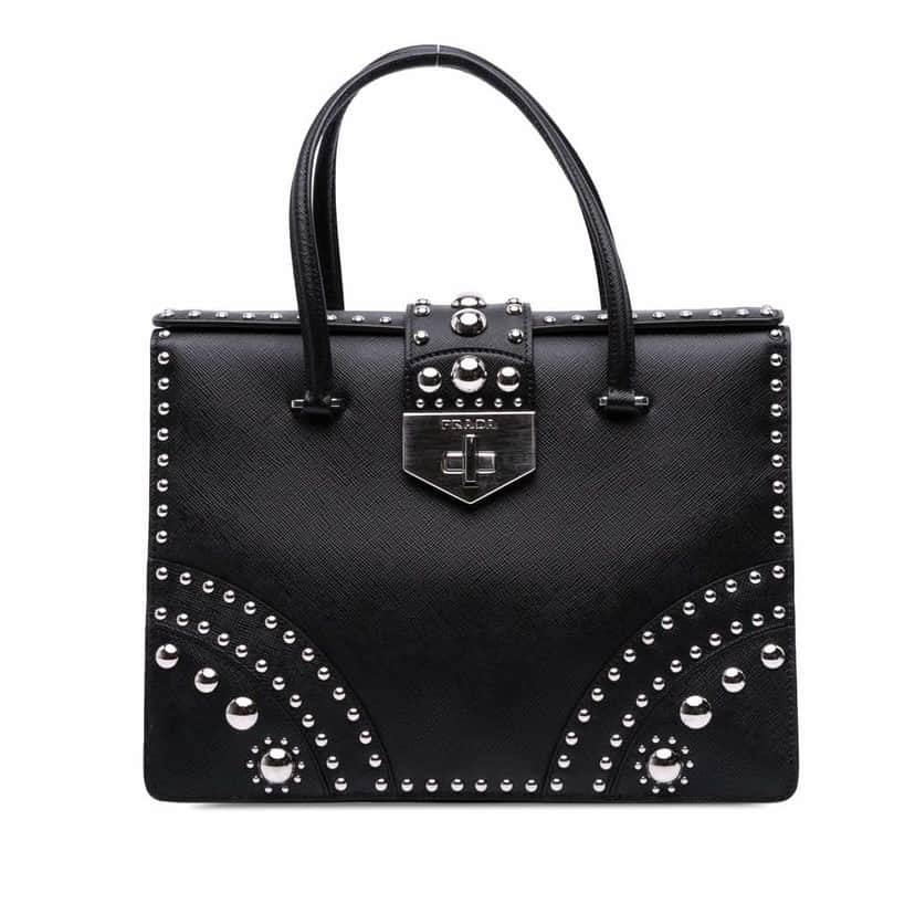 Prada Studded Saffiano Handbag Black Leather Good condition - Front View