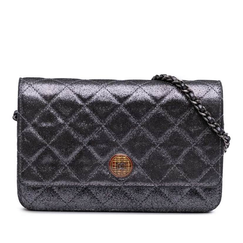 Chanel Quilted Iridescent Lambskin Tartan Button Wallet On Chain Silver Leather Very good condition - Front View