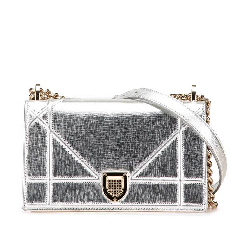 Dior Small Metallic Grained Calfskin Diorama Flap Silver Leather Good condition - Front View
