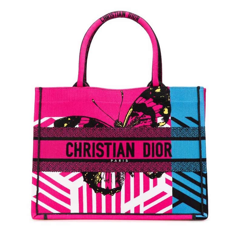 Dior Medium Embroidered Canvas Butterfly D Jungle Pop Book Tote Pink Good condition - Front View