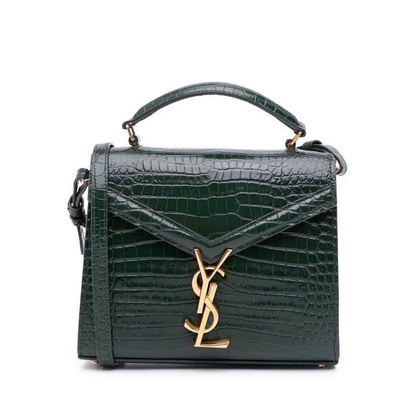 Saint Laurent Mini Croc Embossed Calfskin Monogram Cassandra Top Handle Bag Green Leather Good condition - Front View