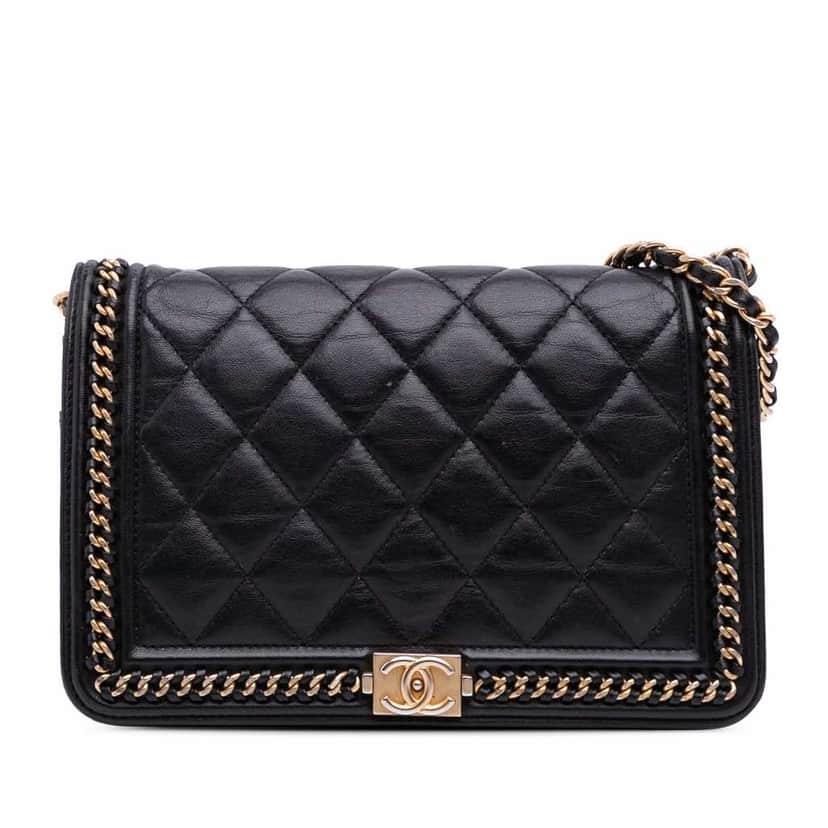 Chanel Quilted Calfskin Chain Around Boy Wallet On Chain Black Leather Good condition - Front View