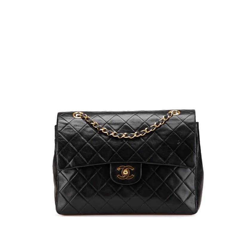 Chanel Medium Tall Classic Lambskin Double Flap Black Leather Good condition - Front View