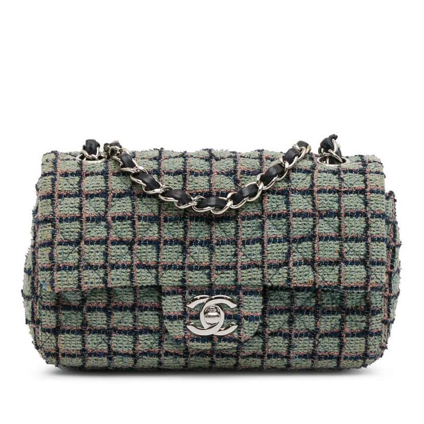Chanel Mini Rectangular Classic Tweed Flap Green Good condition - Front View
