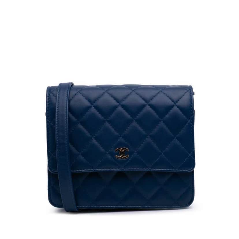 Chanel Quilted Lambskin Square Wallet on Chain Blue Leather Good condition - Front View