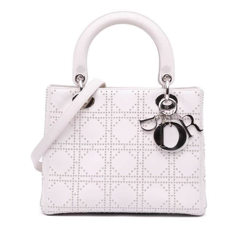 Dior Medium Lambskin Cannage Studded Lady Dior White Leather Good condition - Front View