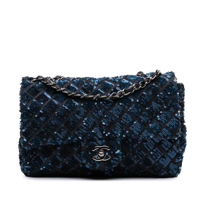 Chanel Medium Sequined Satin Single Flap Blue Good condition - Front View