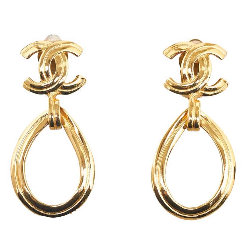 Chanel CC Drop Earrings Gold Metal Good condition - Front View