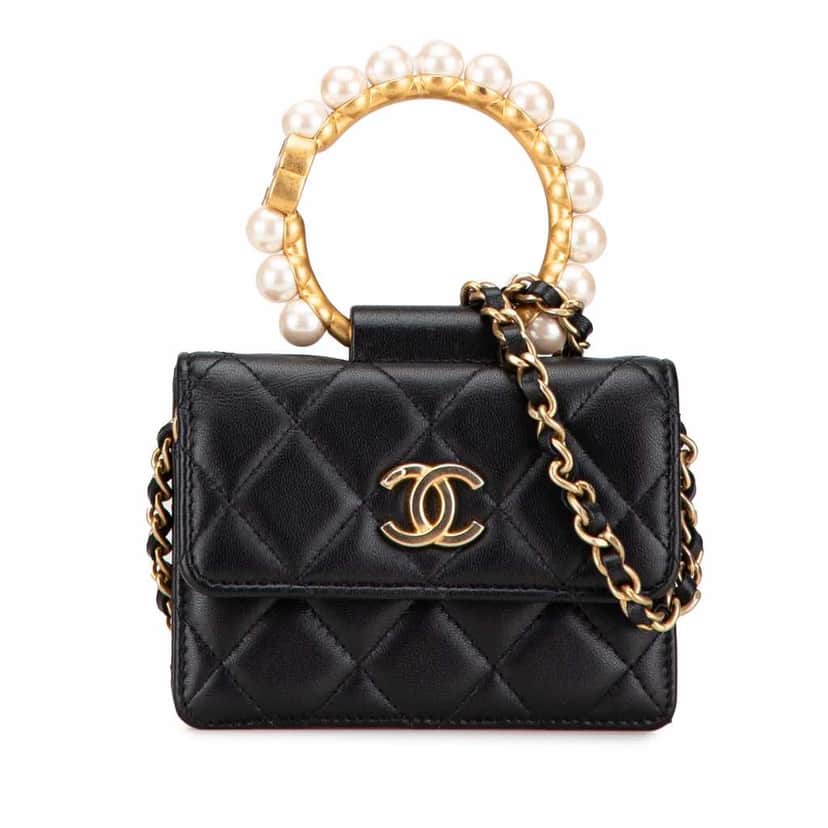 Chanel Quilted Lambskin Pearl Crown Clutch On Chain Black Leather Good condition - Front View