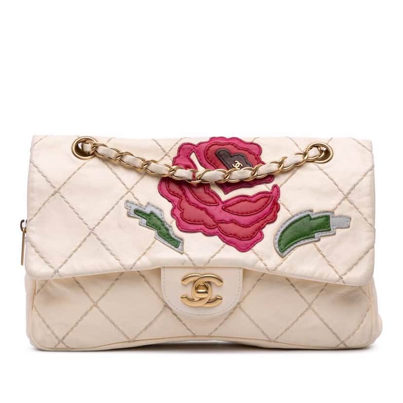 Chanel Medium Quilted Lambskin Rose Applique Wild Stitch Single Flap White Leather Good condition - Front View