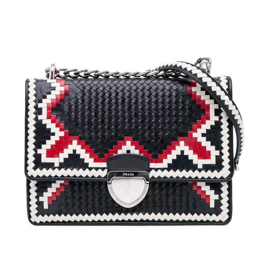 Prada Woven Madras Chain Flap Black Leather Good condition - Front View