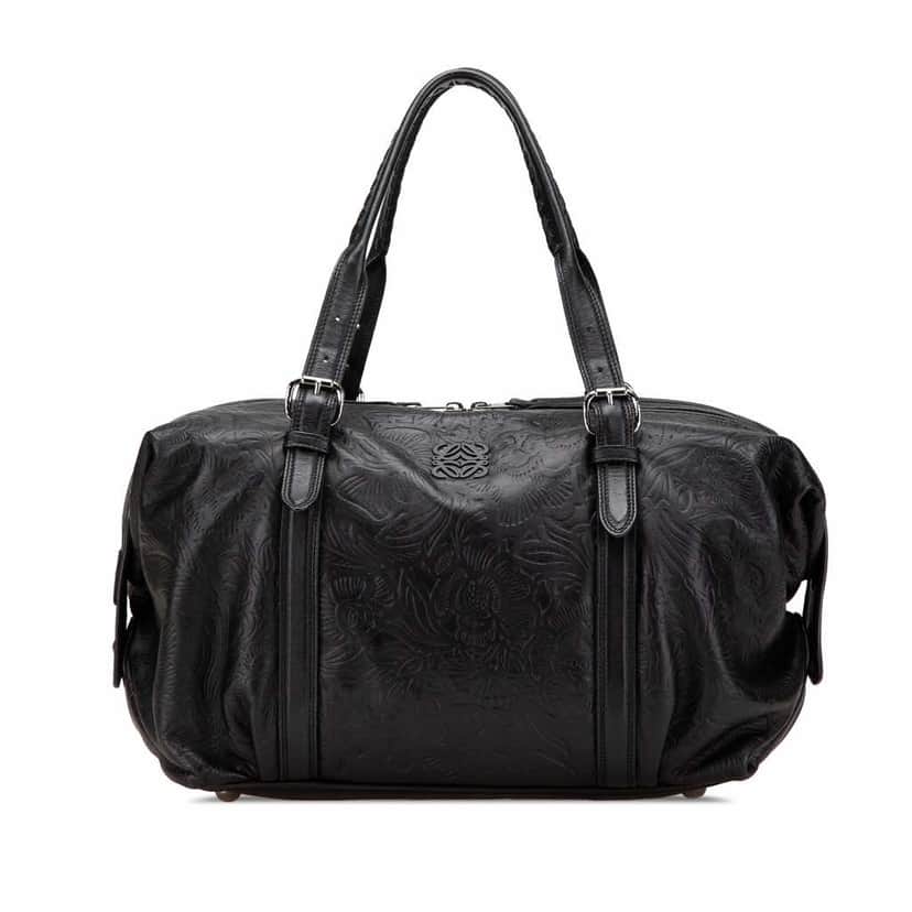 Loewe Embossed Leather Canela Boston Bag Black Leather Fair condition - Front View