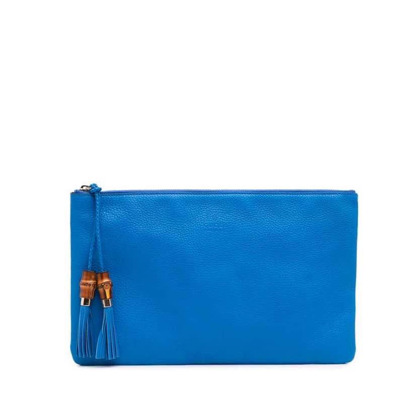 Gucci Calfskin Bamboo Tassel Clutch Blue Leather Good condition - Front View