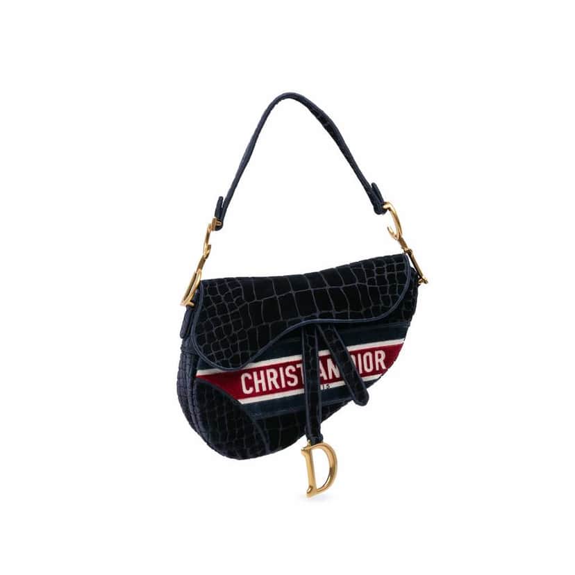 Dior Velvet Embroidered Crocodile Effect Saddle Bag Blue Good condition - Front View