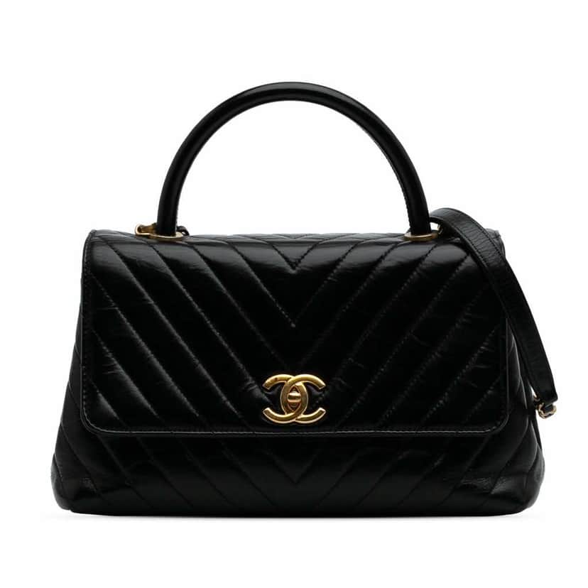 Chanel Small Chevron Aged Calfskin Coco Top Handle Bag Black Leather Good condition - Front View