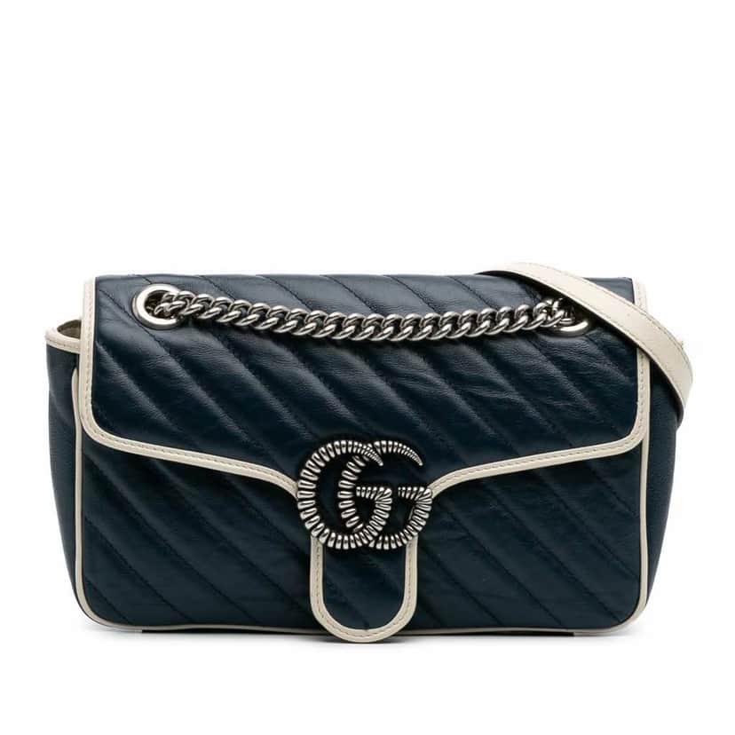 Gucci Small GG Marmont Matelasse Leather Torchon Flap Crossbody Blue Leather Fair condition - Front View