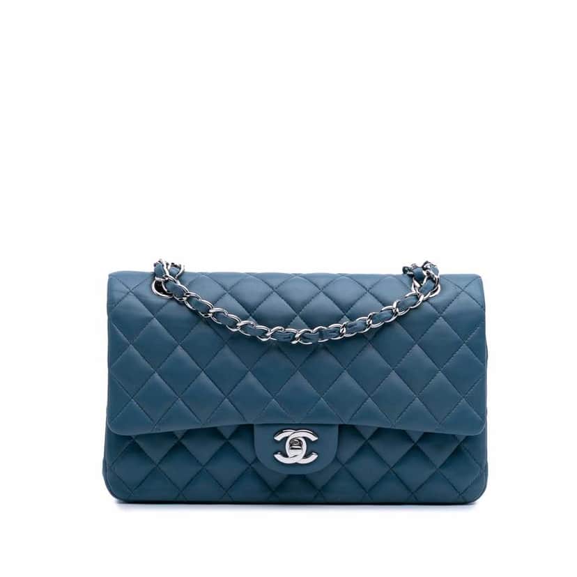 Chanel Medium Classic Lambskin Double Flap Blue Leather Good condition - Front View