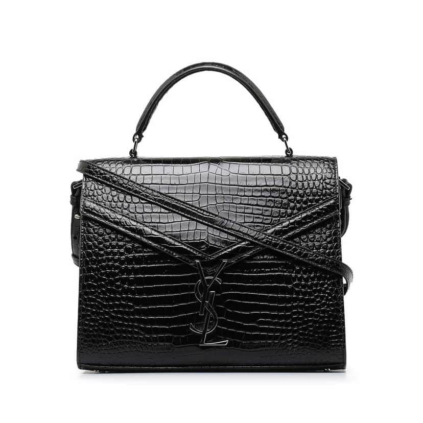Saint Laurent Medium Crocodile Embossed Cassandra Top Handle Bag Black Leather Very good condition - Front View