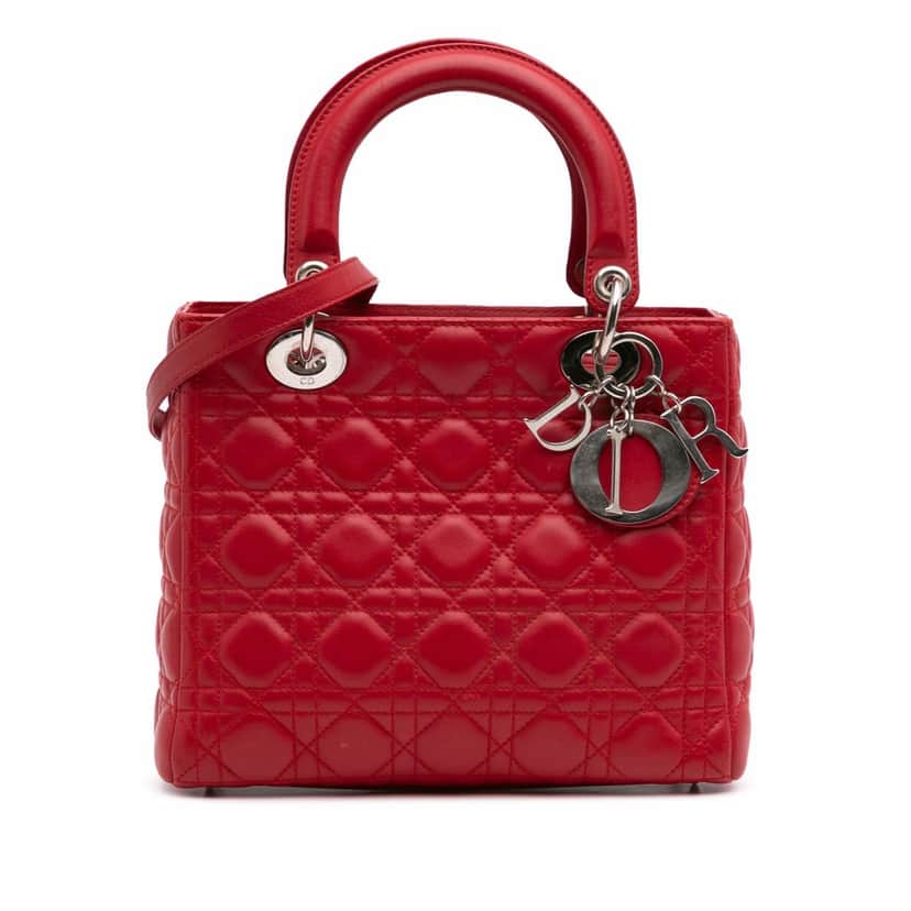 Dior Medium Lambskin Cannage Lady Dior Red Leather Good condition - Front View