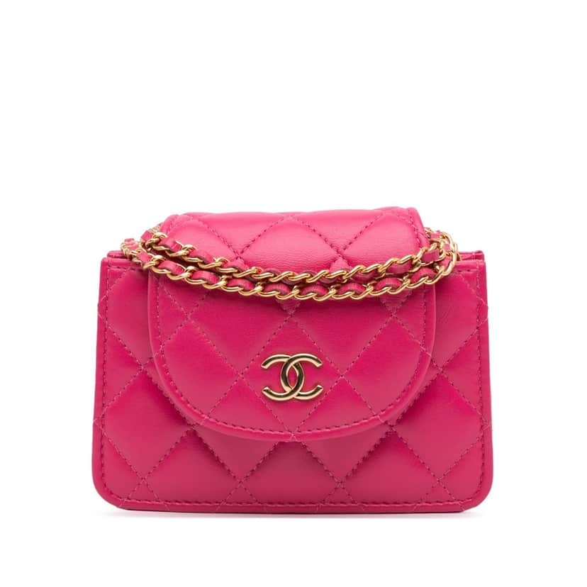 Chanel CC Quilted Lambskin Flap Clutch On Chain Pink Leather Good condition - Front View