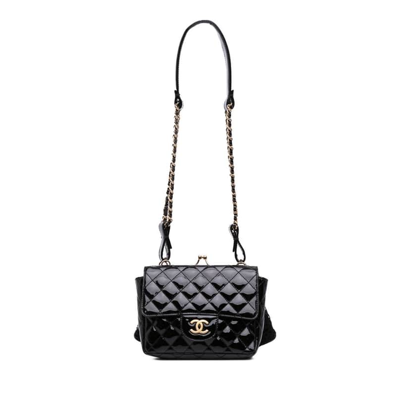 Chanel Mini Patent Lace Kiss Lock Flap Double Bag Black Leather Good condition - Front View