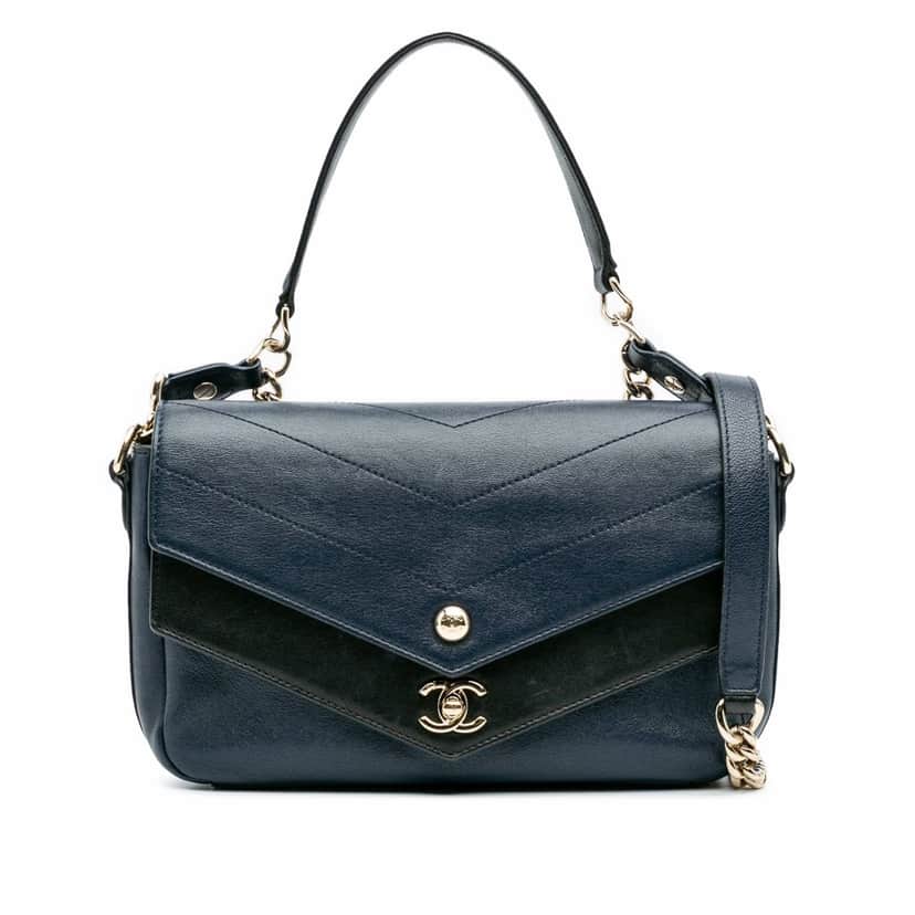Chanel Mini Quilted Sheepskin Double Chevron Flap Blue Leather Good condition - Front View