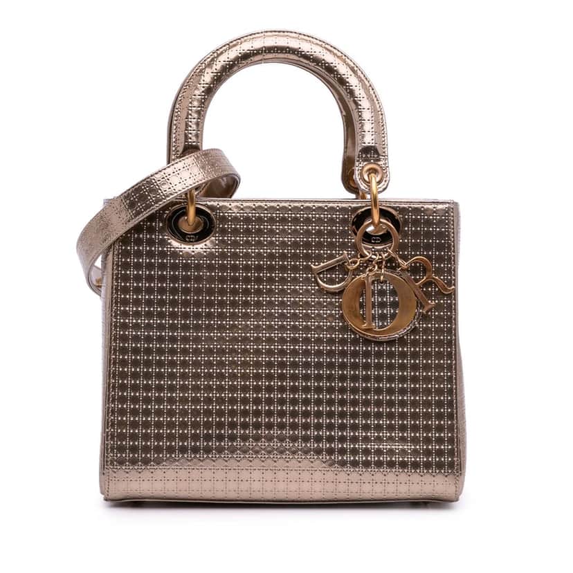 Dior Medium Metallic Patent Microcannage Lady Dior Gold Leather Good condition - Front View