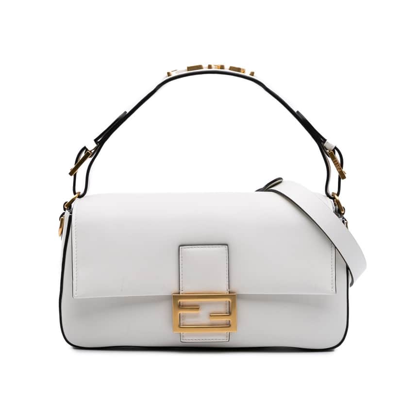 Fendi Leather Convertible Baguette Satchel White Leather Good condition - Front View