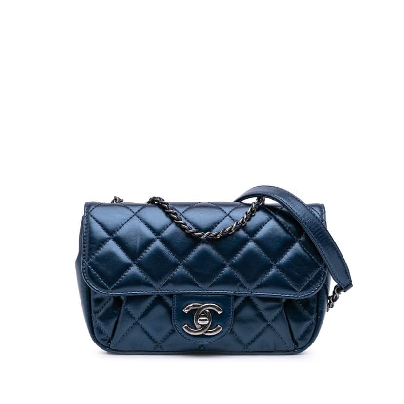 Chanel Mini Quilted Calfskin Coco Pleats Chain Flap Blue Leather Good condition - Front View