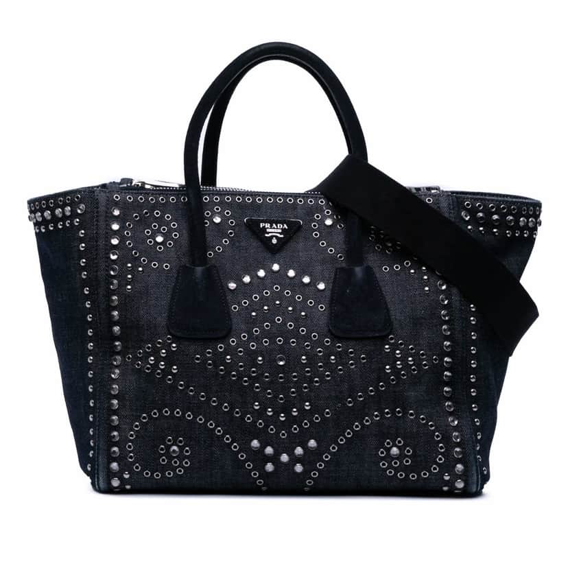 Prada Denim Canapa Bijoux and Grommet Twin Pocket Tote Blue Denim Good condition - Front View