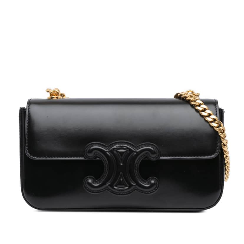 Celine Smooth Calfskin Cuir Triomphe Chain Shoulder Bag Black Leather Good condition - Front View