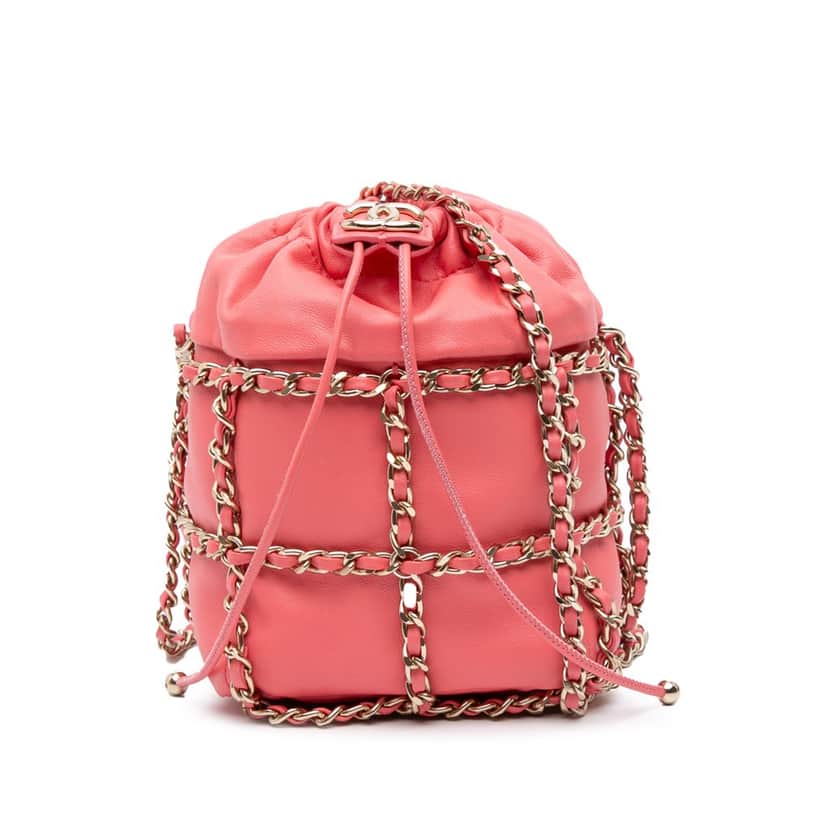 Chanel Lambskin CC Chain Frame Drawstring Bucket Bag Pink Leather Good condition - Front View