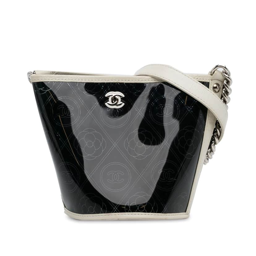 Chanel Crumpled Calfskin PVC Camellia Bucket Black Very good condition - Front View