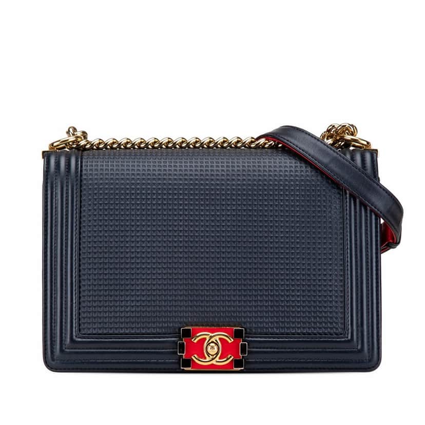 Chanel Medium Lambskin Embossed Cube Boy Flap Blue Leather Good condition - Front View