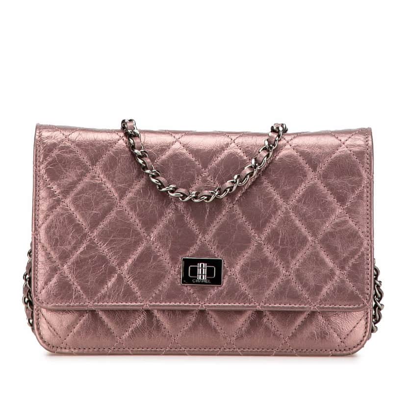 Chanel Reissue 2.55 Quilted Metallic Aged Calfskin Wallet on Chain Pink Leather Good condition - Front View