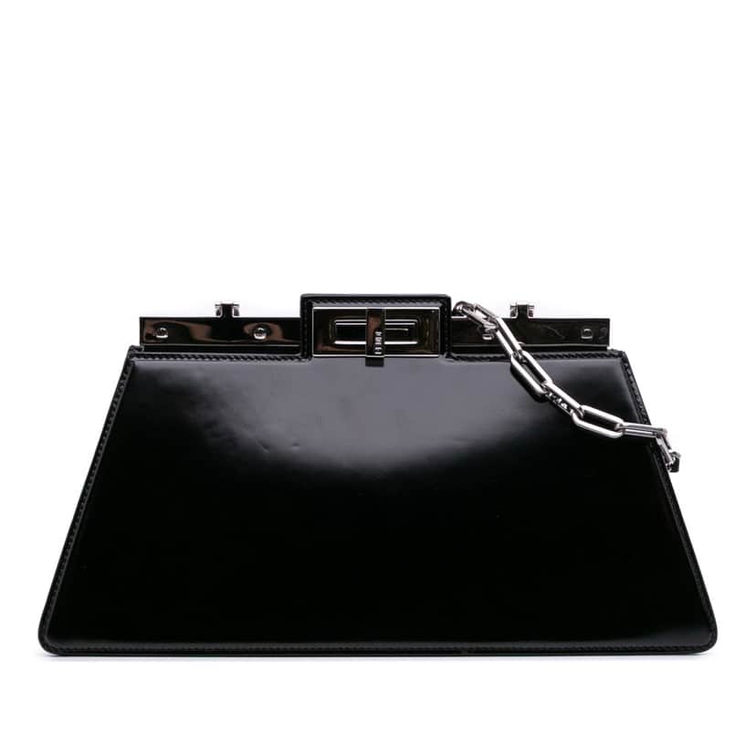 Fendi Medium Leather Peekaboo Cut Chain Shoulder Bag Black Leather Good condition - Front View