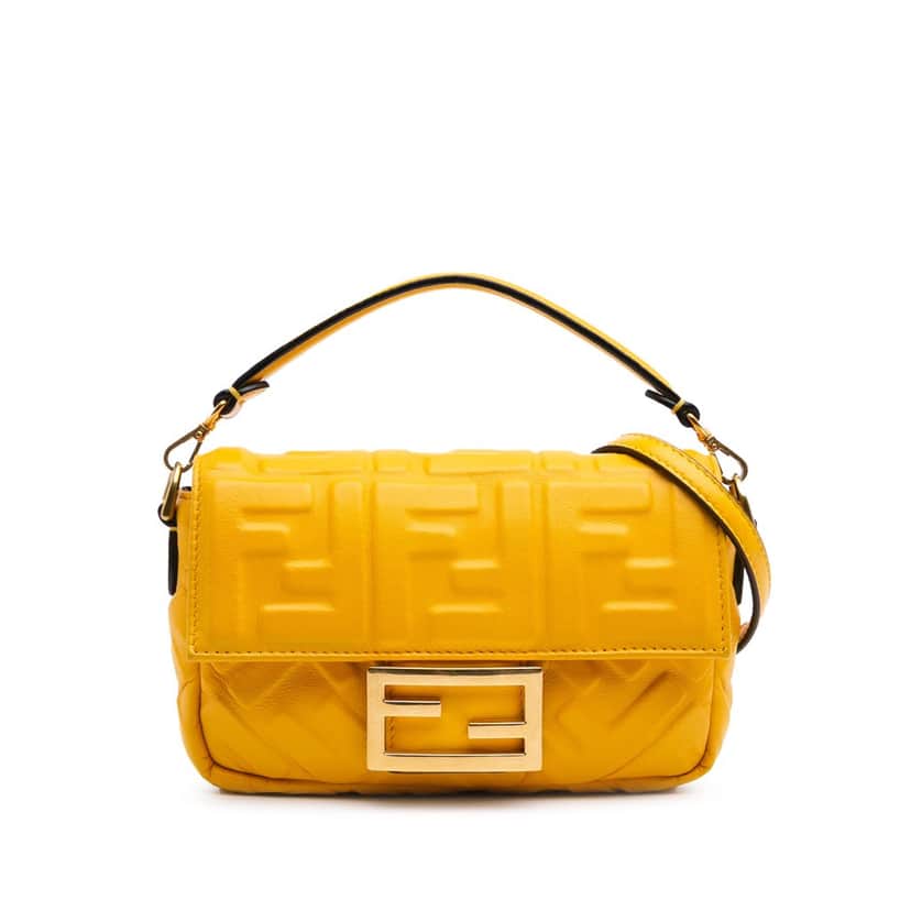 Fendi Mini Zucca Embossed Leather Baguette Satchel Yellow Leather Good condition - Front View