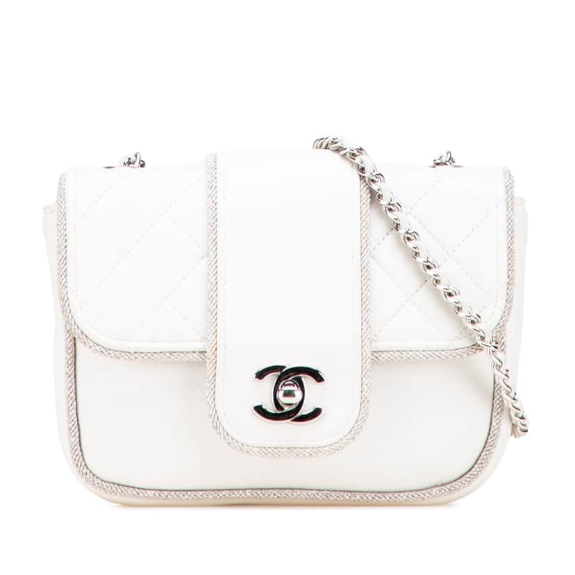 Chanel Mini Quilted Lambskin and Metallic Trim Elementary Chic Flap White Leather Good condition - Front View