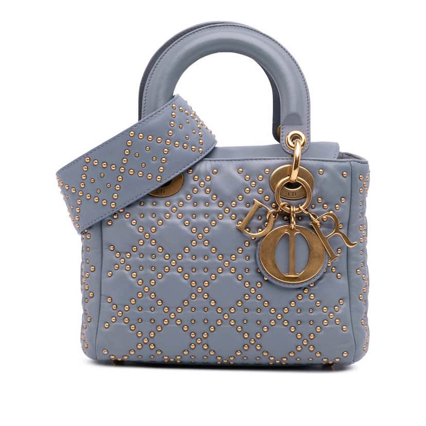 Dior Small Lambskin Cannage Studded Supple Lady Dior Grey Leather Good condition - Front View