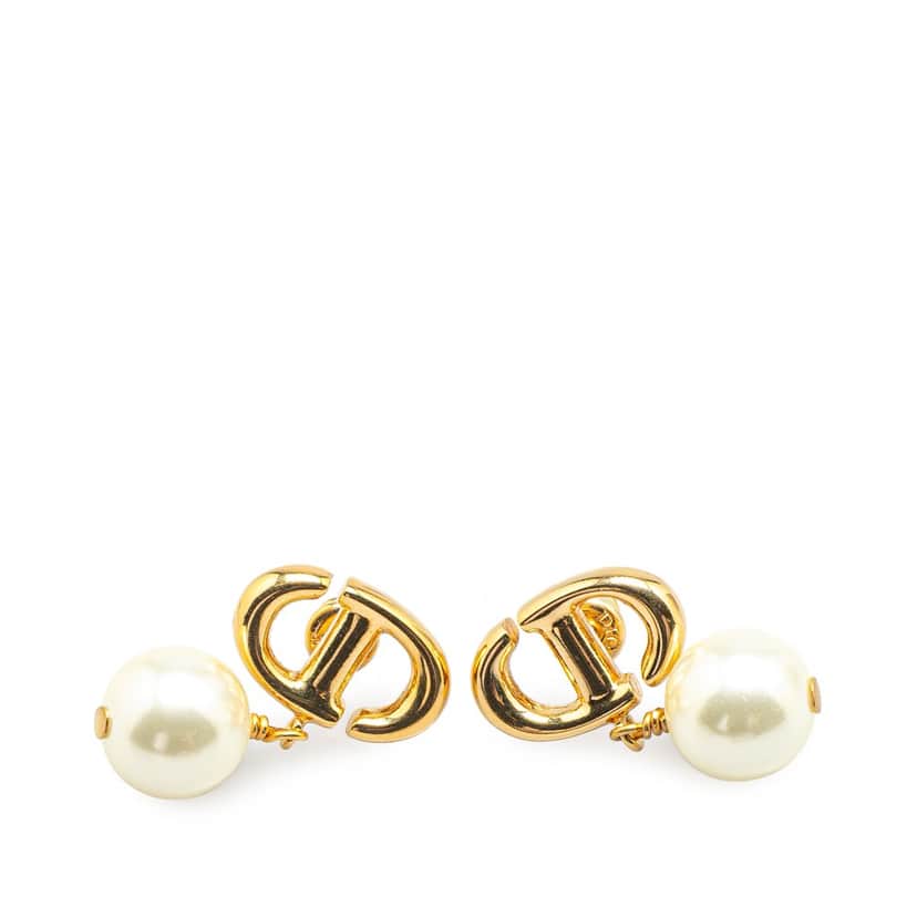 Dior Gold Plated Faux Pearl CD Navy Push Back Earrings Gold Metal Good condition - Front View