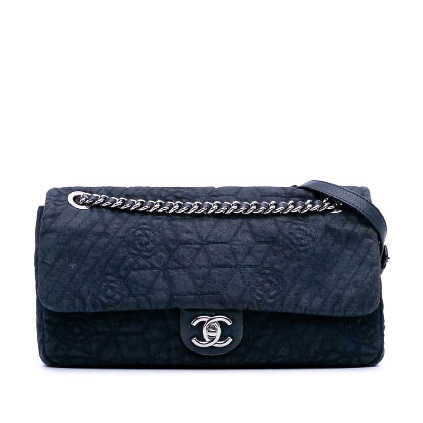 Chanel Large Embroidered Denim Camellia Flap Blue Denim Good condition - Front View