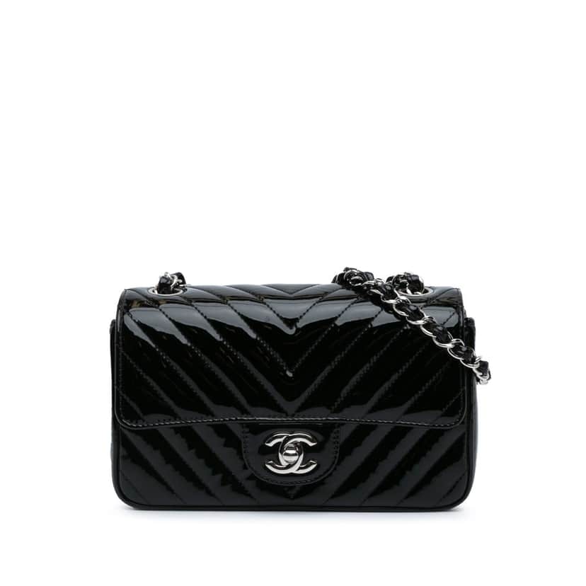 Chanel Mini Rectangular Classic Chevron Patent Single Flap Black Leather Good condition - Front View