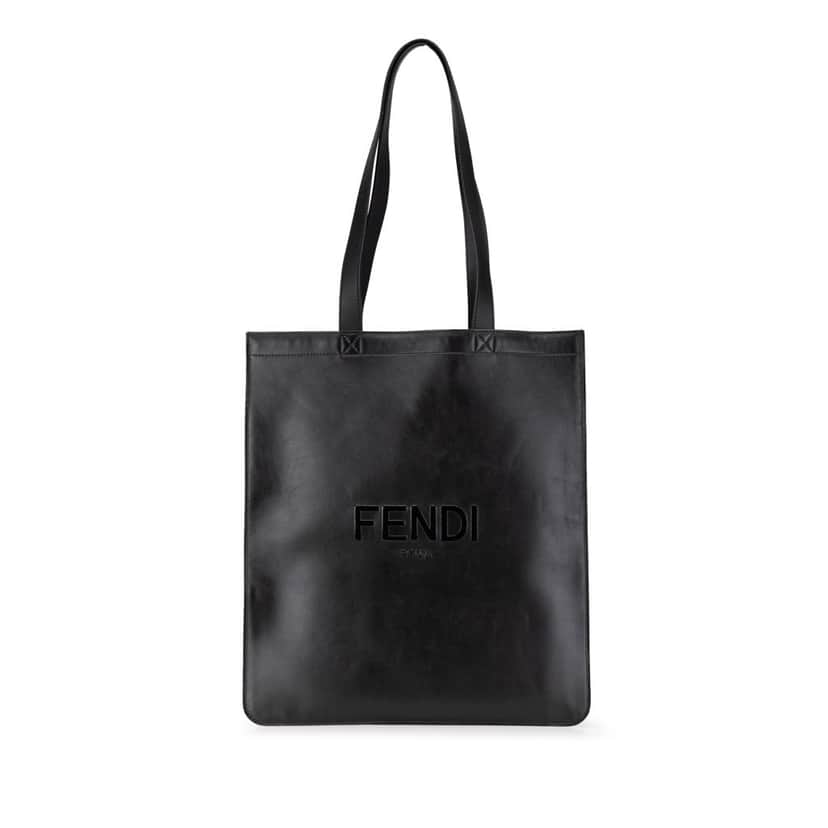 Fendi Embossed Leather Logo Shopper Tote Black Leather Good condition - Front View