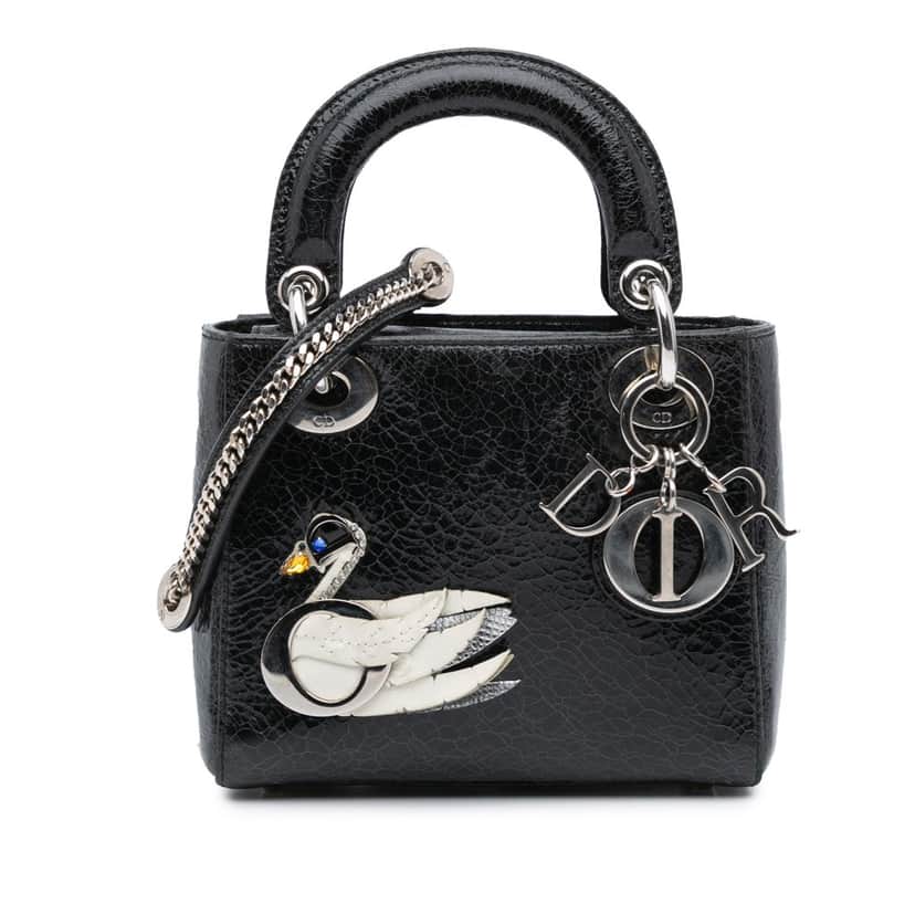 Dior Mini Ceramic Effect Deerskin Jeweled Swan Lady Dior Black Leather Good condition - Front View