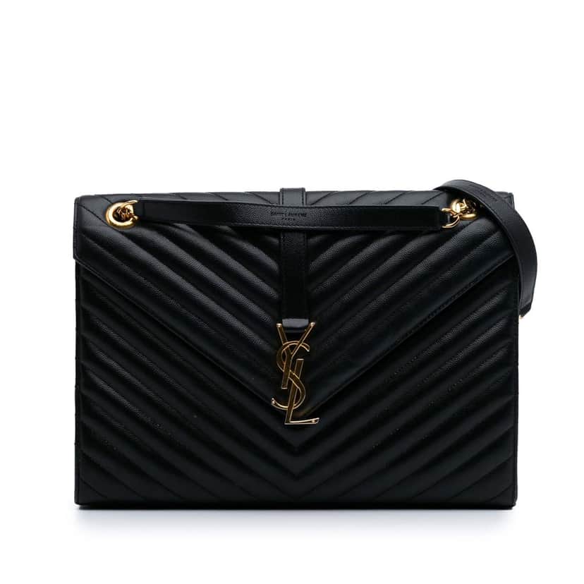 Saint Laurent Large Grain de Poudre Monogram Chevron Envelope Bag Black Leather Good condition - Front View