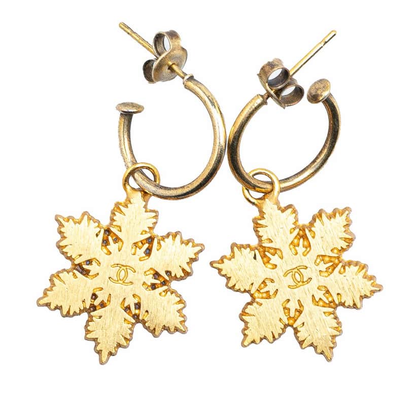 Chanel Gold Plated Snowflakes Hoop Push Back Earrings Gold Metal Good condition - Front View