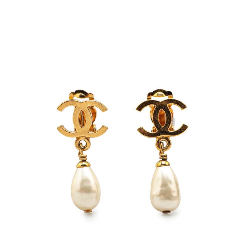 Chanel Gold Plated CC Faux Pearl Drop Clip on Earrings Gold Metal Good condition - Front View